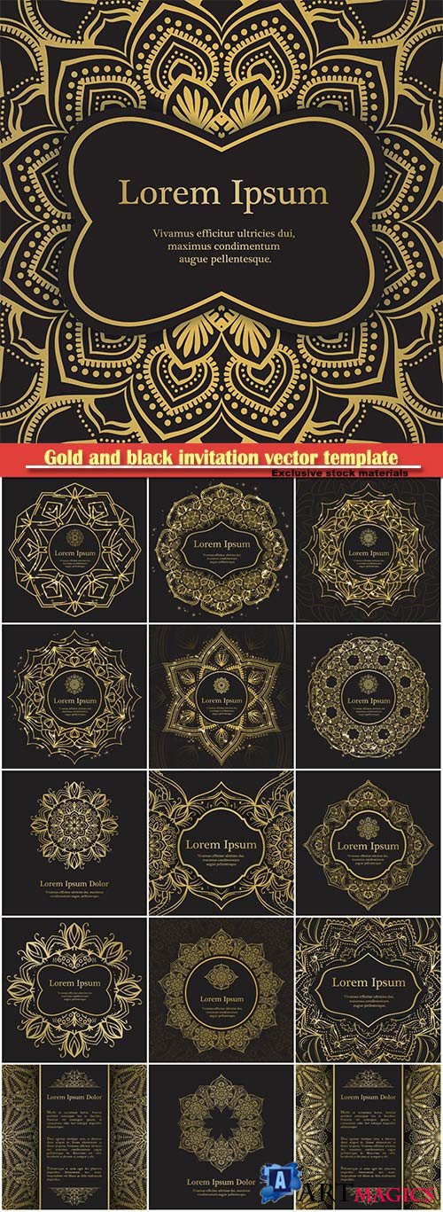 Gold and black invitation vector template, mandala background