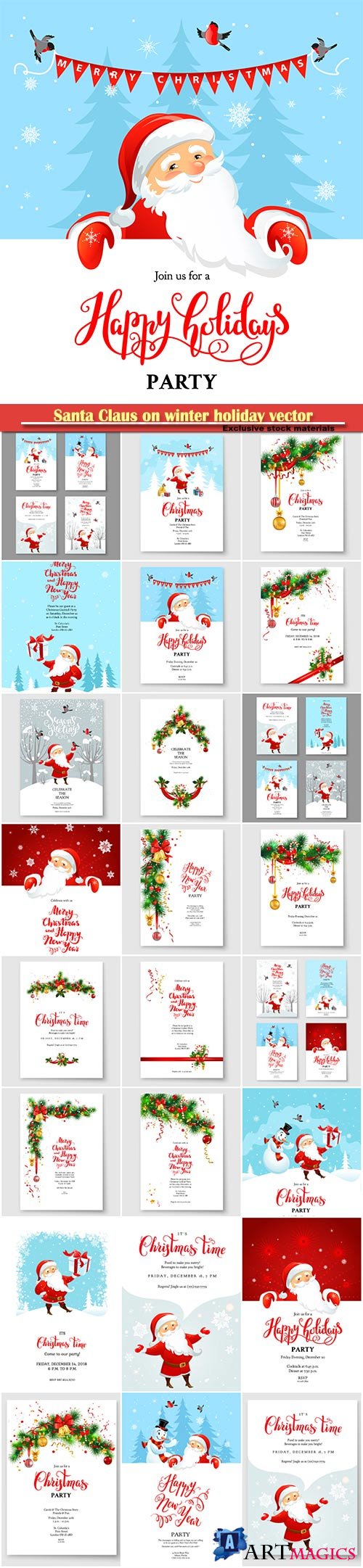 Santa Claus on winter holiday vector invitation, Christmas sample for banners, advertising, leaflet, cards
