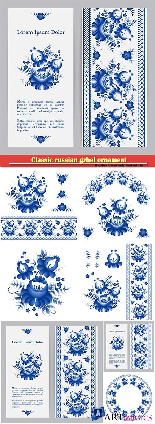 Classic russian gzhel ornament and vector floral elements