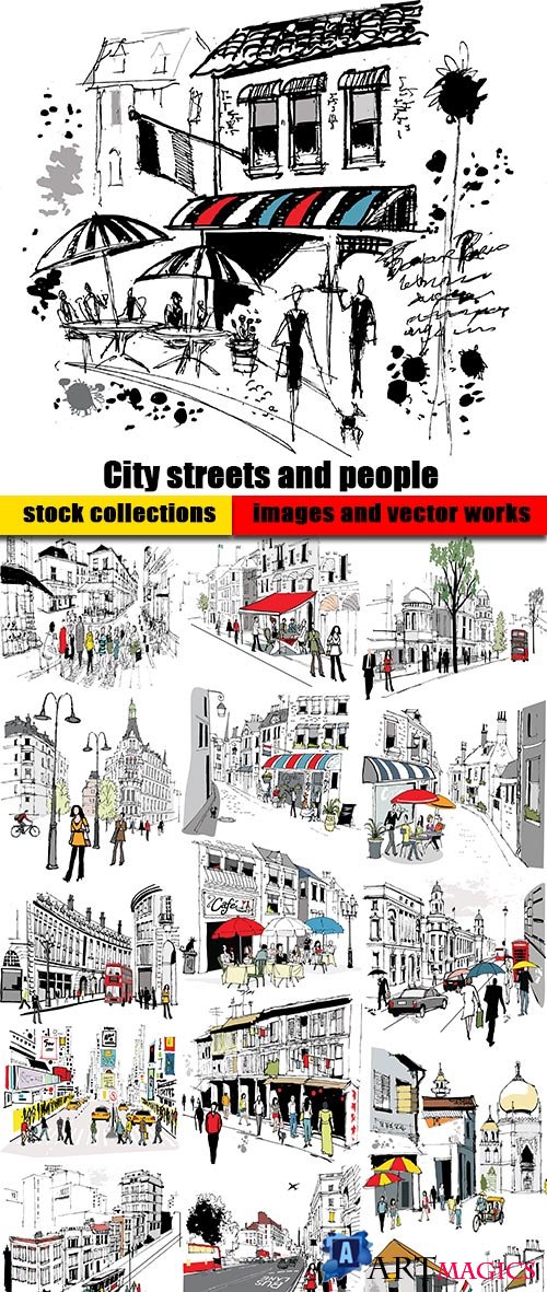 City streets and people in vector from stock - 25 Eps