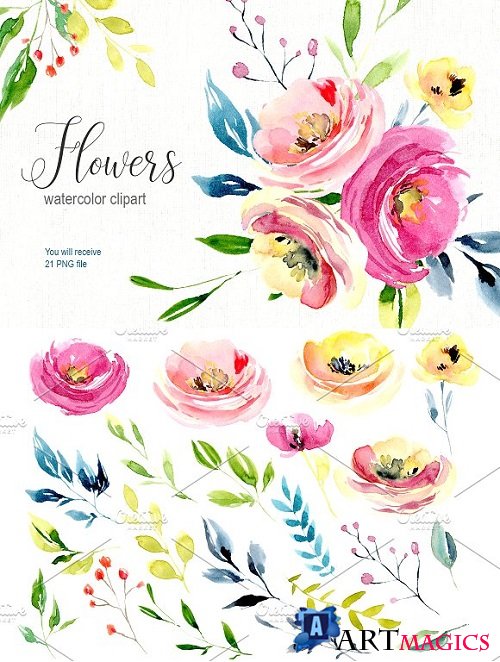 Watercolor bright flowers collection 1950929