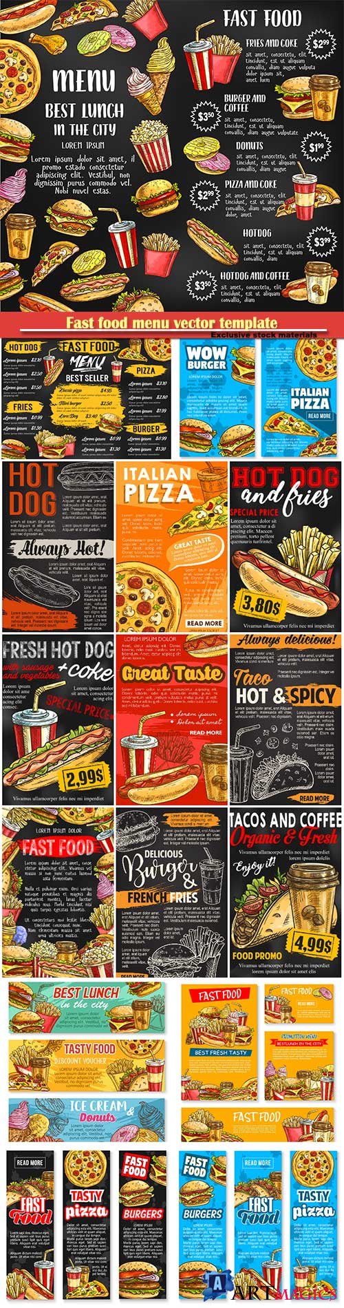 Fast food menu vector template, cheeseburger, burger, hotdog, sandwich, snack, french fries or pizza