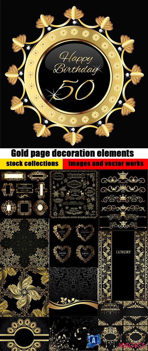 Gold page decoration elements on black and vintage backgrounds - 25 Eps