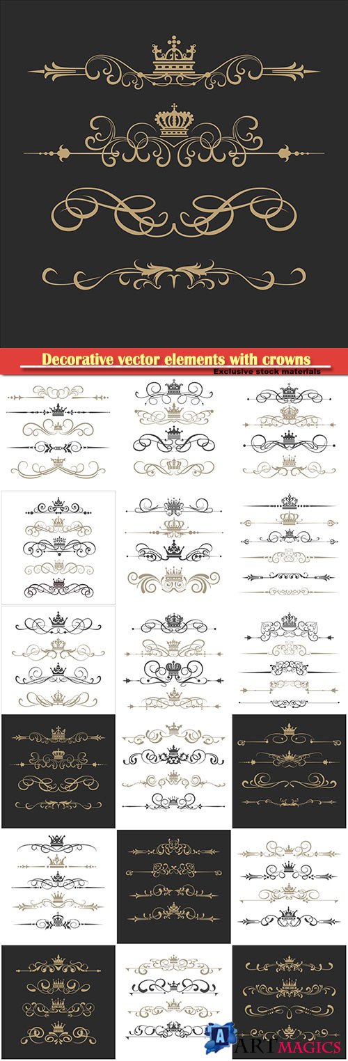 Decorative vector elements with crowns and ornaments