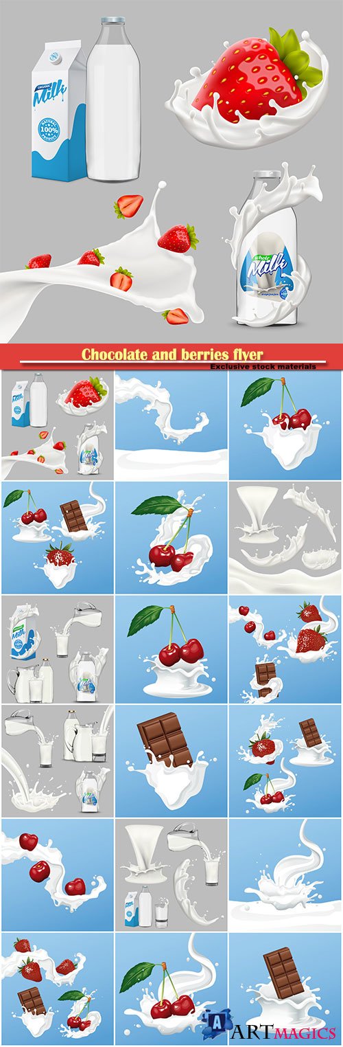 Chocolate and berries flyer, whole milk big set, pouring and splashing 3d vector, diary product design elements