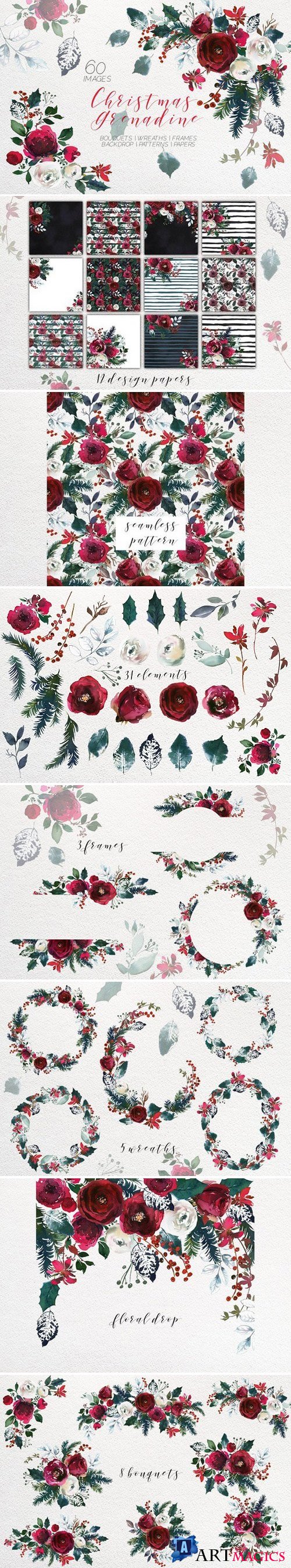 Christmas Watercolor Flowers Clipart 1852876