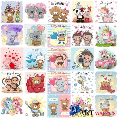 Cartoon animals mega vector set, kitten, dog, elephant, hedgehog, giraffe, owl, teddy bear, bunny
