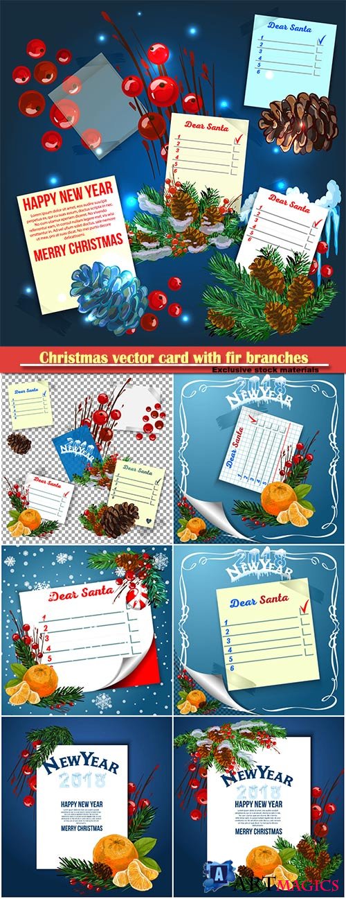 Christmas vector  card with fir branches and tangerines, template with place for text