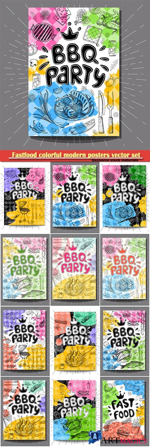 Fastfood colorful modern posters vector set