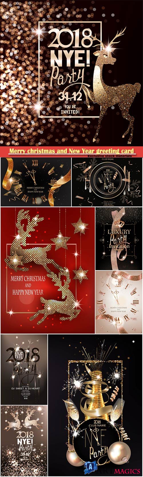 Merry christmas and New Year greeting card, gold sparkling ribbon, flying confetti and beautiful watch, shiny reindeers and christmas decorations