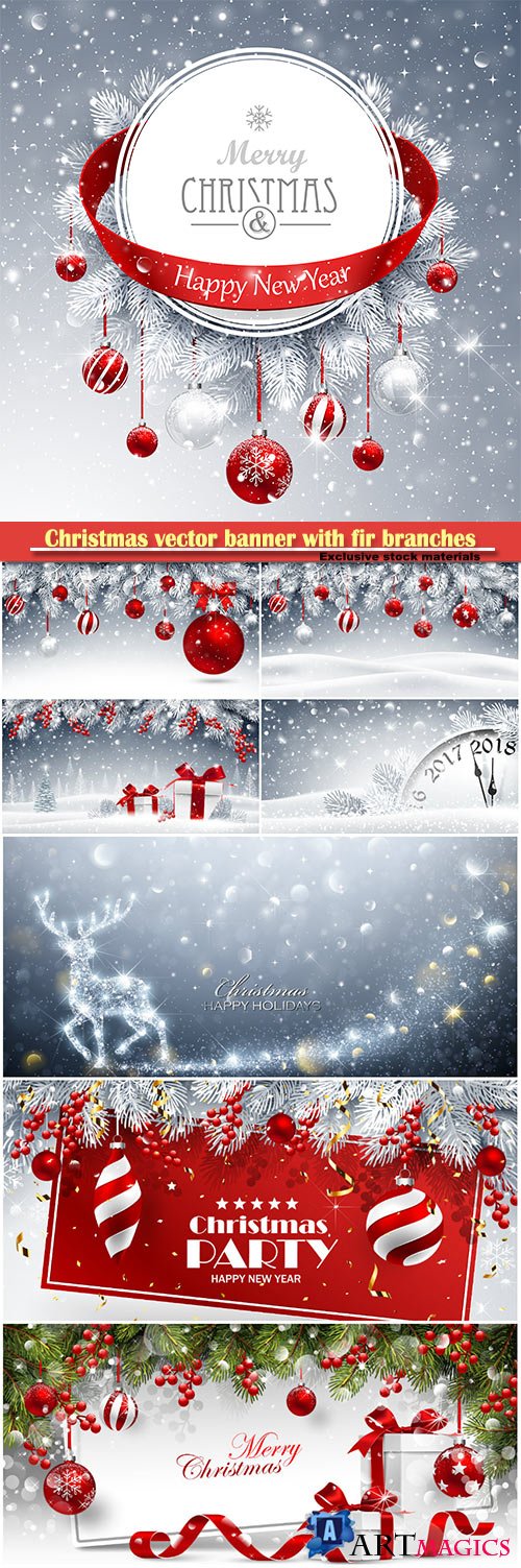 Christmas vector banner with fir branches and red balls on snow sparkling background
