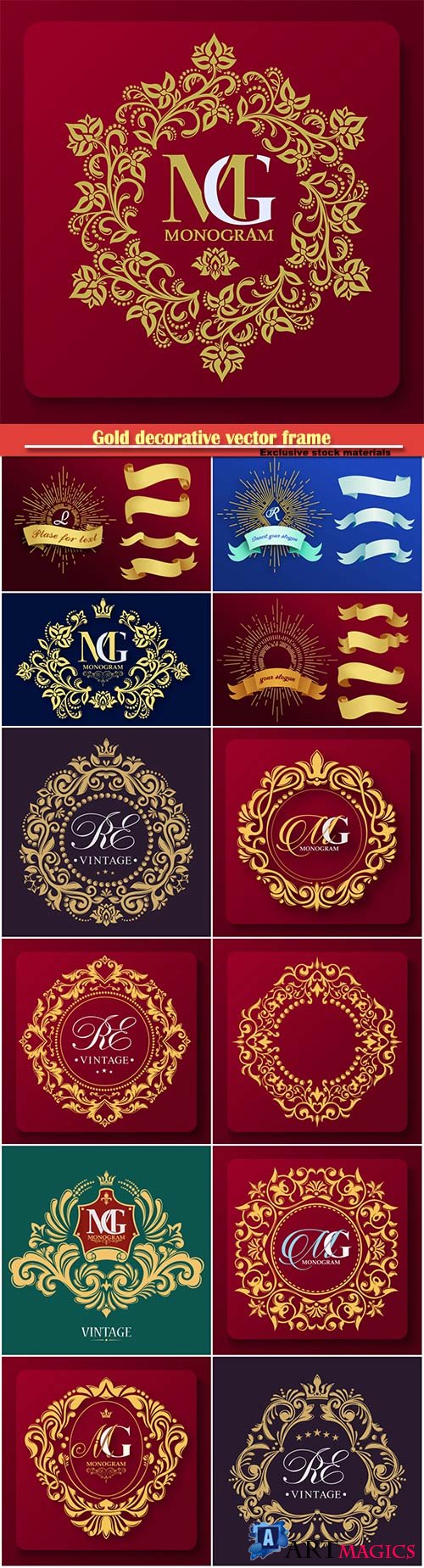 Gold decorative vector frame, logo templates and monogram, elegant emblem