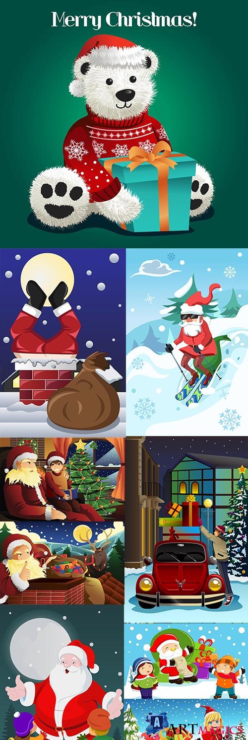 Childrens Merry Christmas cartoon Santa and gifts