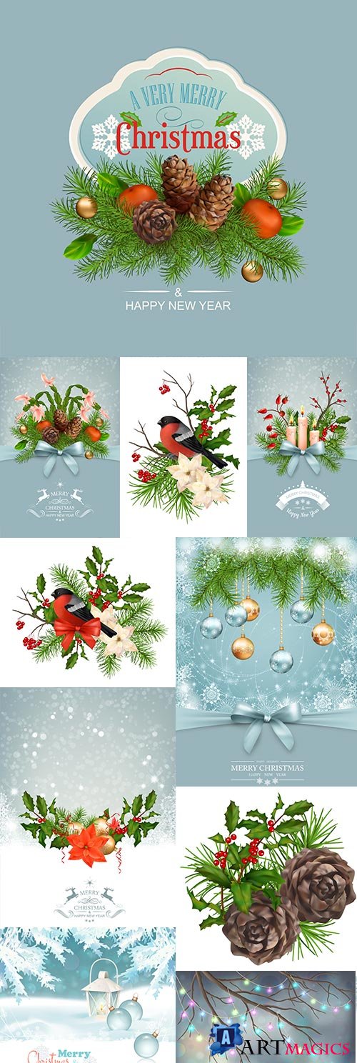 Gentle Christmas background garlands cones and bow