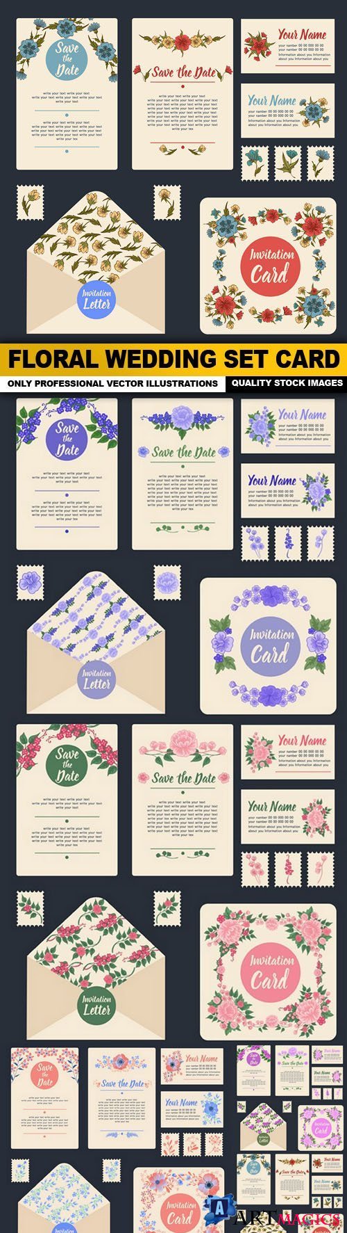 Floral Wedding Set Card - 5 Vector
