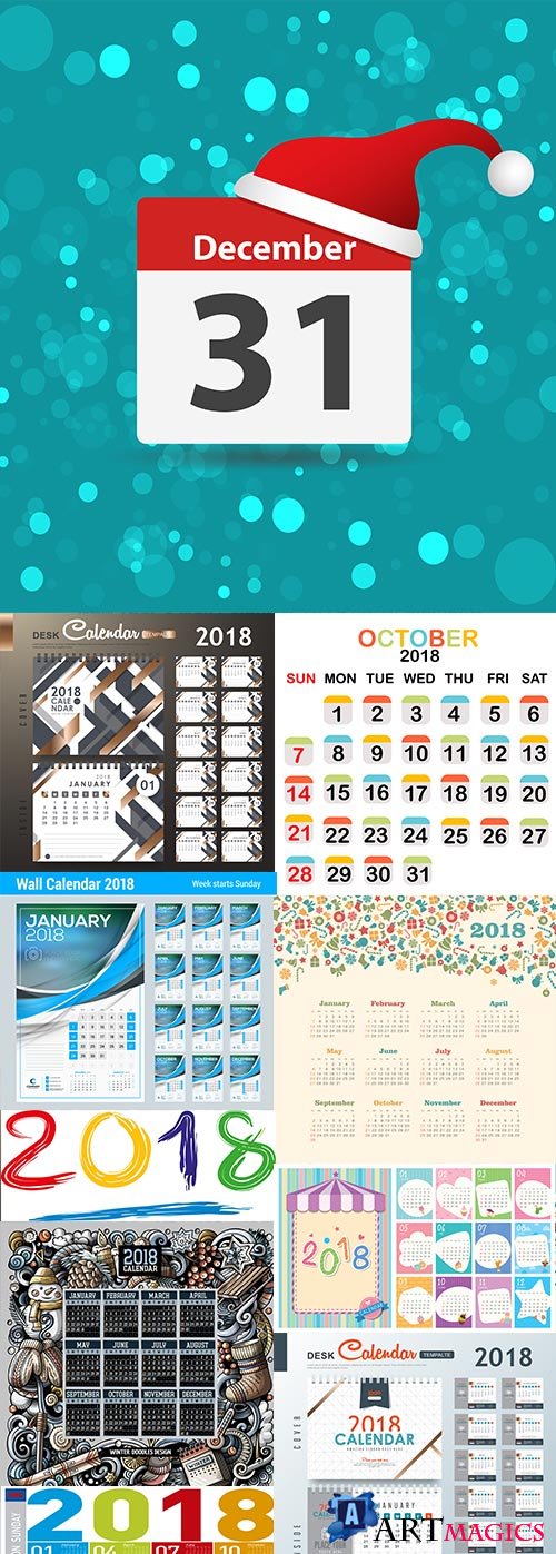 New Year's wall calendar 2018 decor elements
