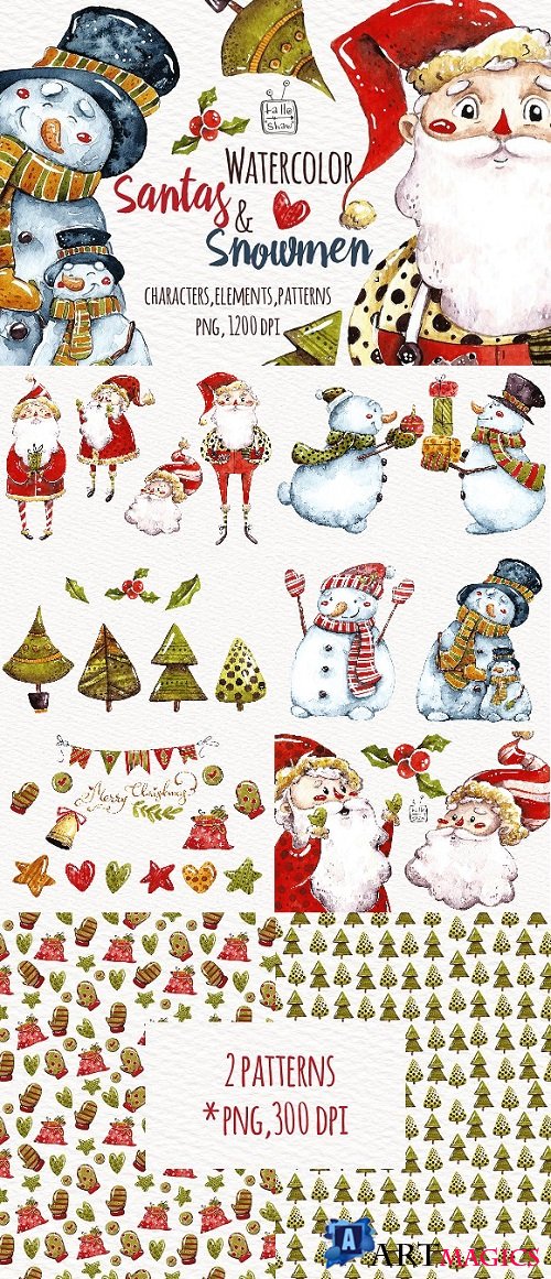 Watercolor Santas and Snowmen 1987530