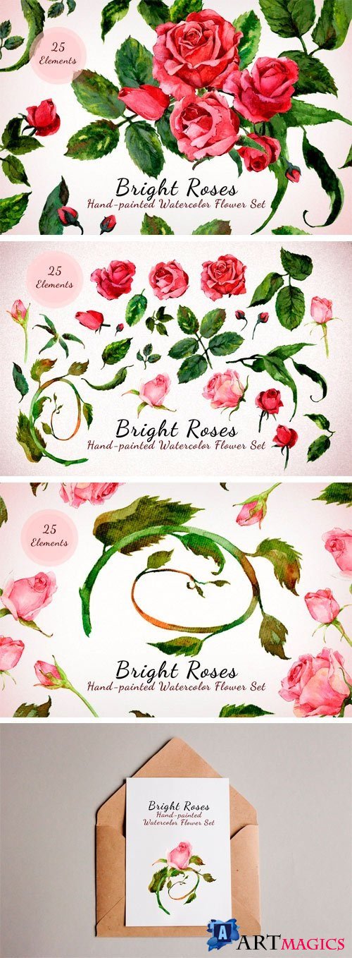 Bright Roses - Watercolor Floral Set 1988899