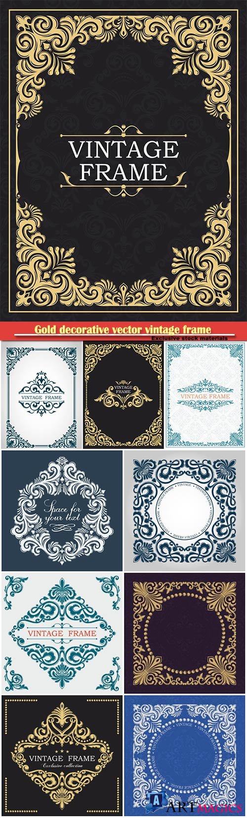 Gold decorative vector vintage frame, monogram, luxurious template
