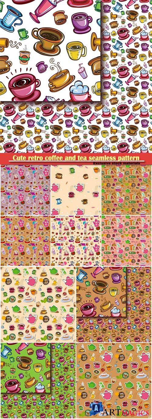 Cute retro coffee and tea seamless pattern with teapots, cups, entertainments and sweets