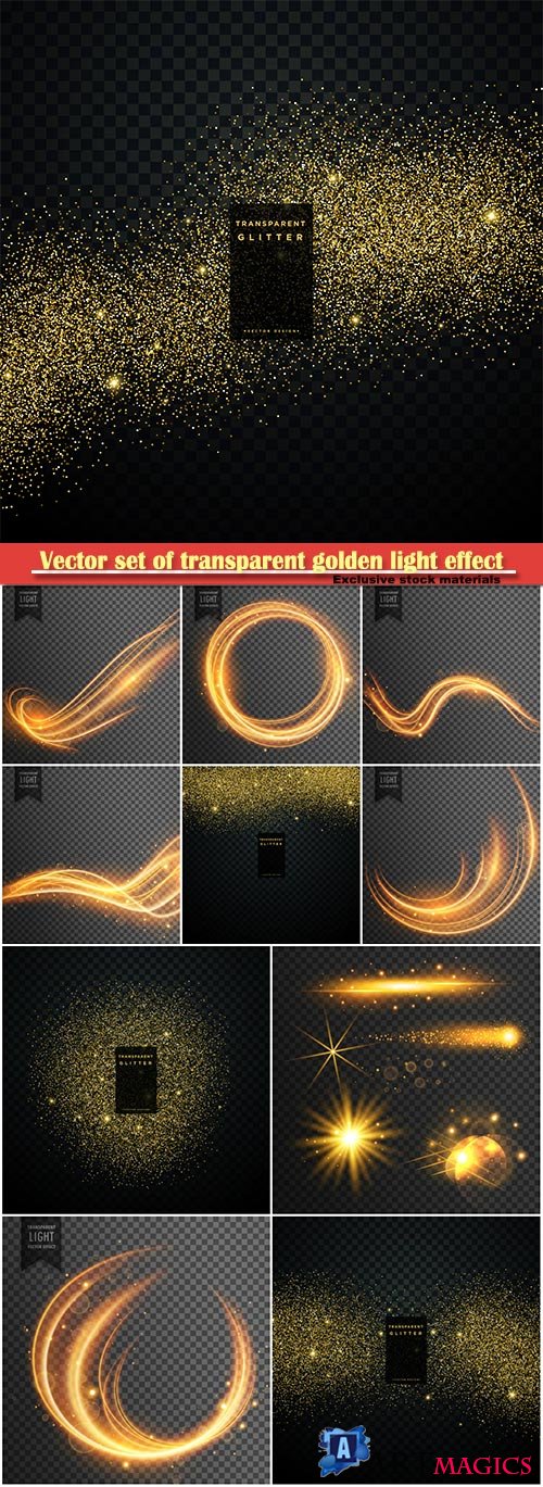 Vector set of transparent golden light effect, shiny sparkles confetti background