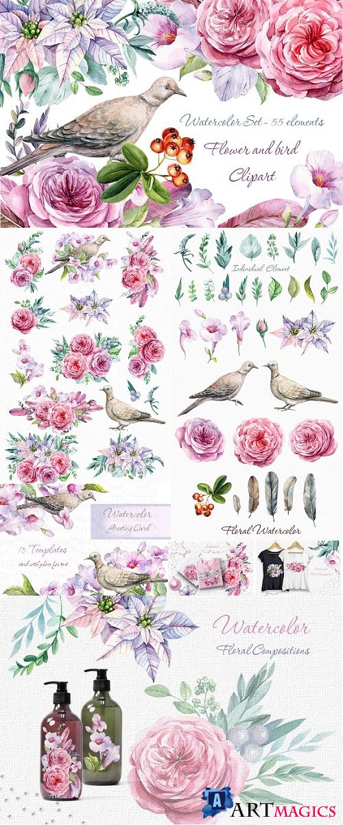 Flower and bird Clipart. Watercolor - 2017966