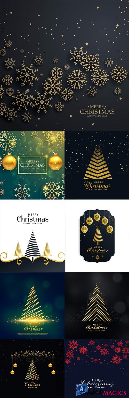 Happy Christmas snowflakes and gold fir-trees dark background