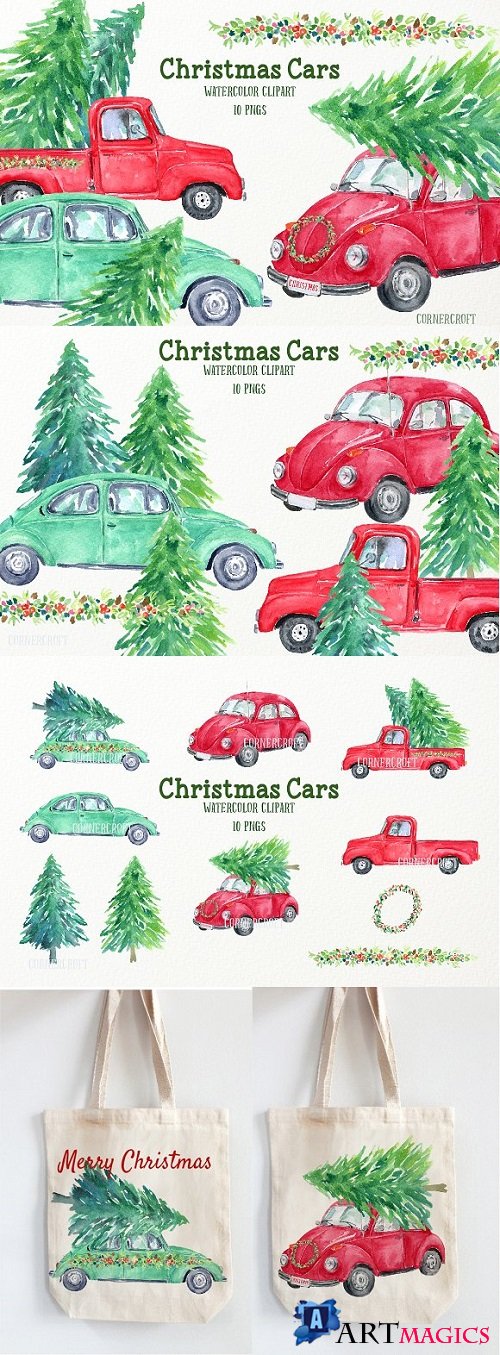Watercolor Christmas Cars - 2054954
