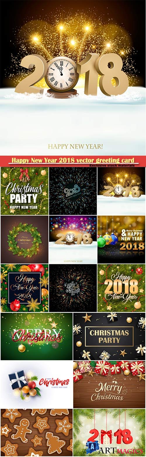 Happy New Year 2018 vector greeting card, golden snowflakes and colorful balls