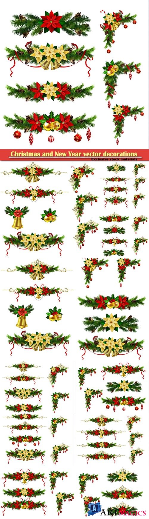 Christmas and New Year vector decorations with fir branches, red ribbons and bells