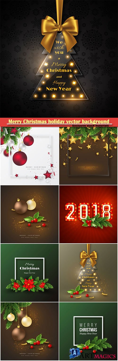 Merry Christmas holiday vector background, decorations with spruce branches