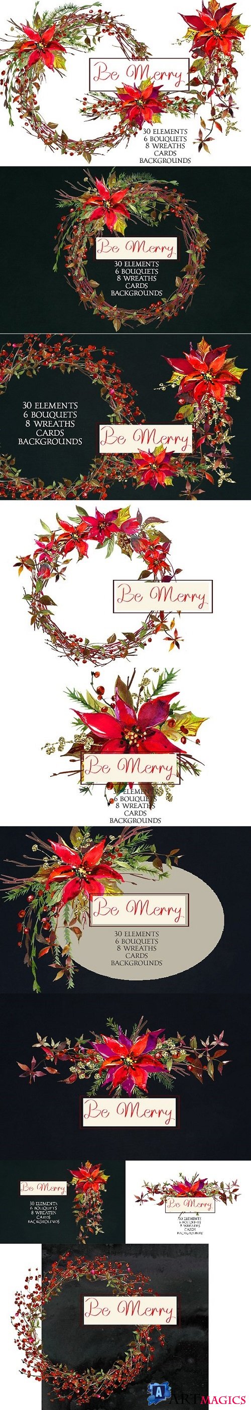 Christmas Watercolor Flowers Clipart - 970563