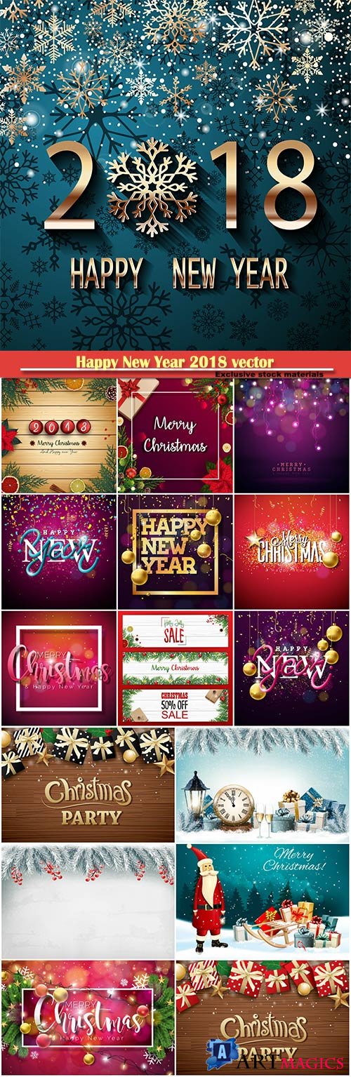 Happy New Year 2018 vector greeting illustration with golden snowflake and decorations