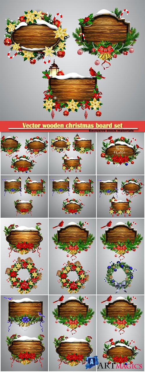 Vector wooden christmas board set with christmas tree Cardinal bird and decorations