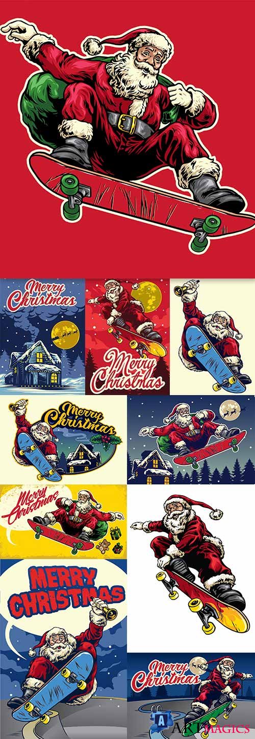 Santa Claus ride skateboard in vintage drawing style