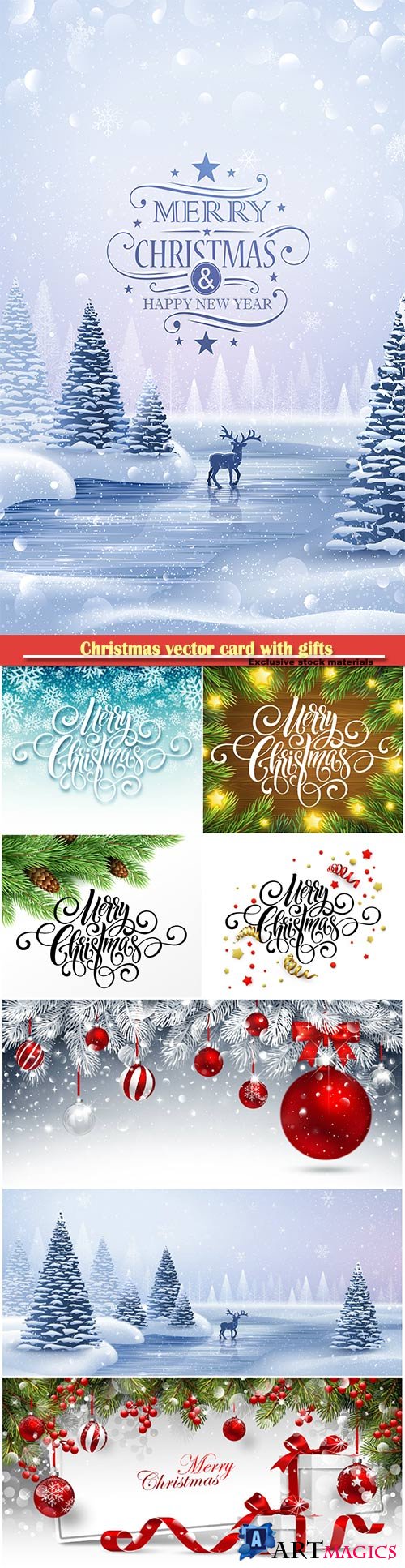 Christmas vector card with gifts and fir branches on sparkling background