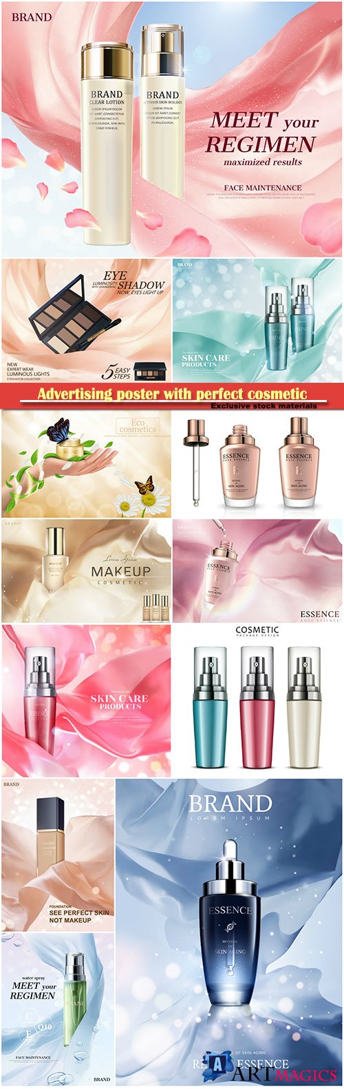 Advertising poster with perfect cosmetic product, 3d vector illustration