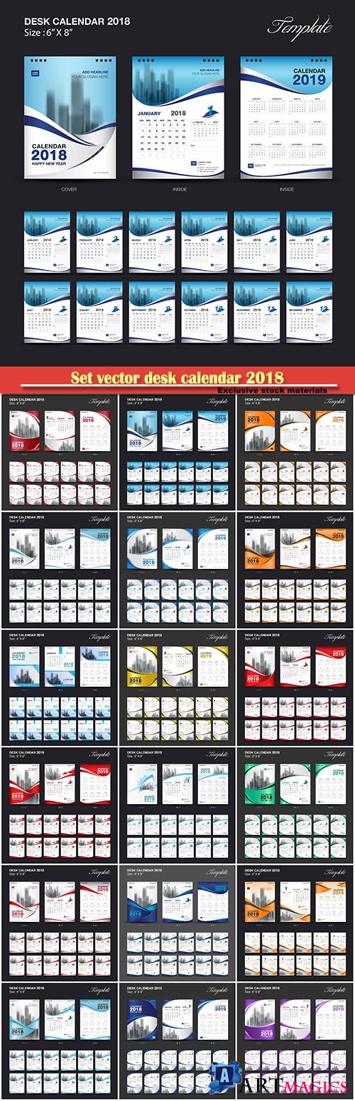 Set vector desk calendar 2018 template design, set of 12 months