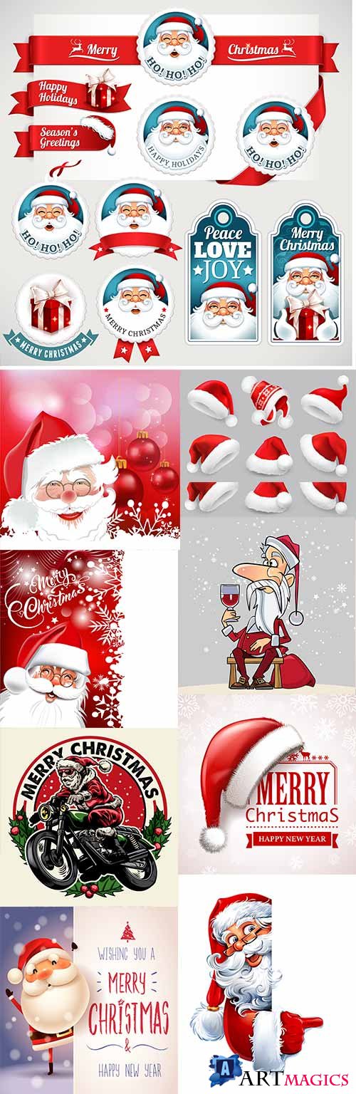 Cheerful Christmas Santa in red cap and gifts