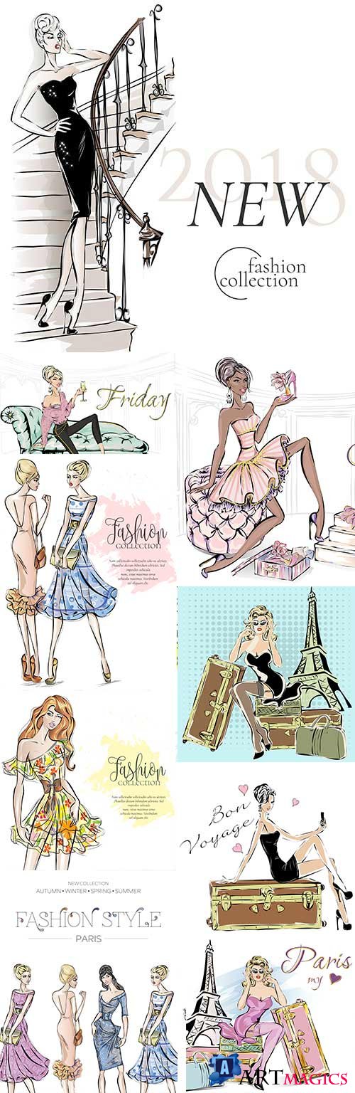 Fashion woman model beauty shopping sale design sketch