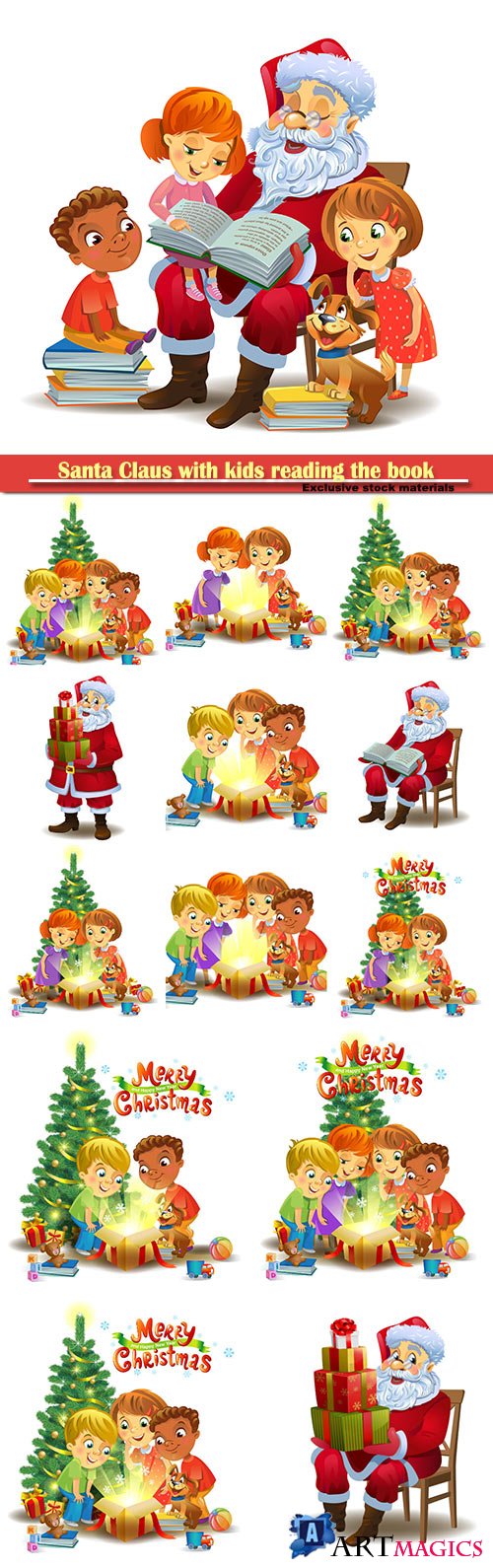 Santa Claus with kids reading the book vector illustration