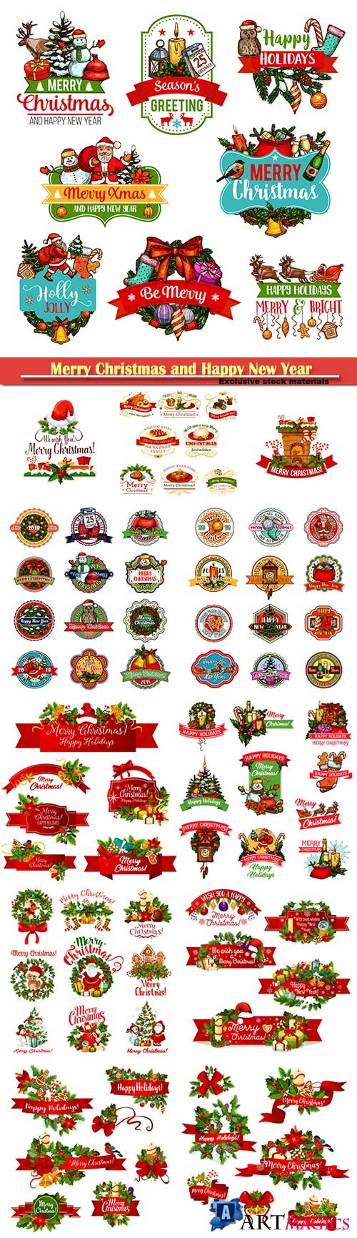 Merry Christmas and Happy New Year wish icons, Christmas tree garland decorations of holly wreath with red ribbon, golden bells and Santa gifts