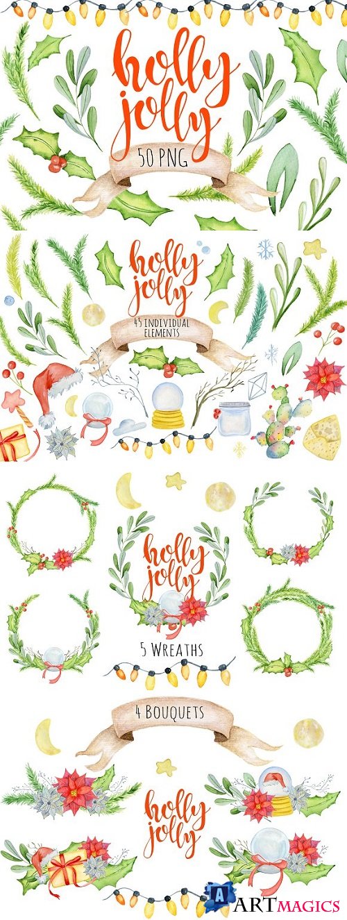 Christmas floral watercolor clipart - 2076919