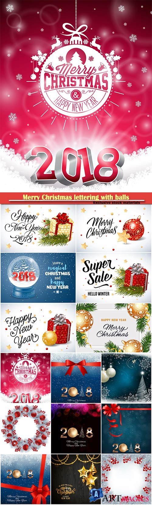 Merry Christmas lettering with balls design vector template