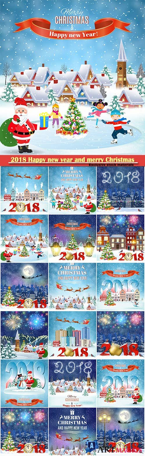 2018 Happy new year and merry Christmas vector,  winter old town street with christmas tree, fireworks in the sky