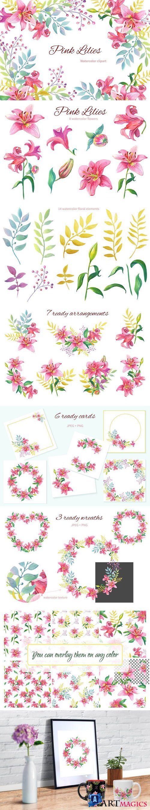 Pink Lilies. Watercolor clipart - 2071639