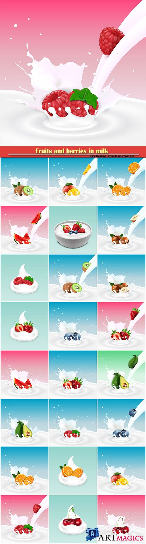 Fruits and berries in milk, vector illustration