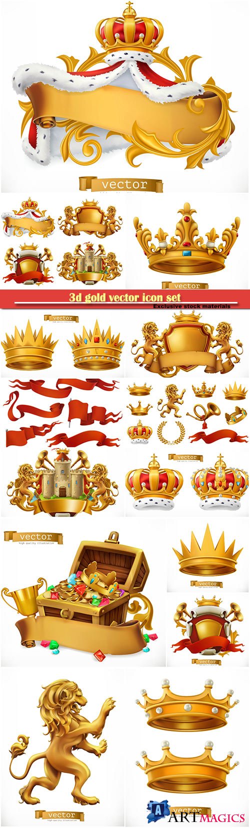 3d gold vector icon set, crown of the king, laurel wreath, trumpet, lion, ribbon