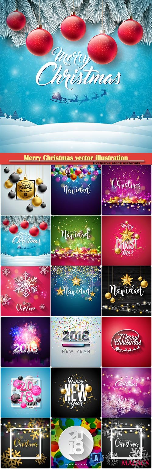 Merry Christmas vector illustration with decoration, holidays flyer
