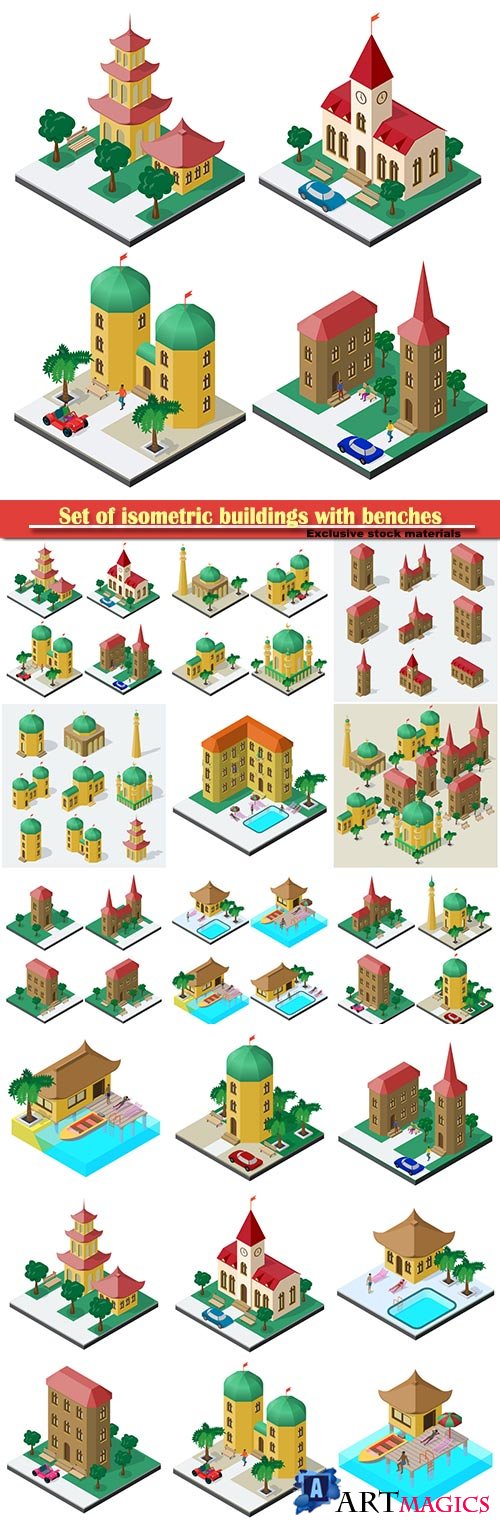 Set of isometric buildings with benches, vector trees and car